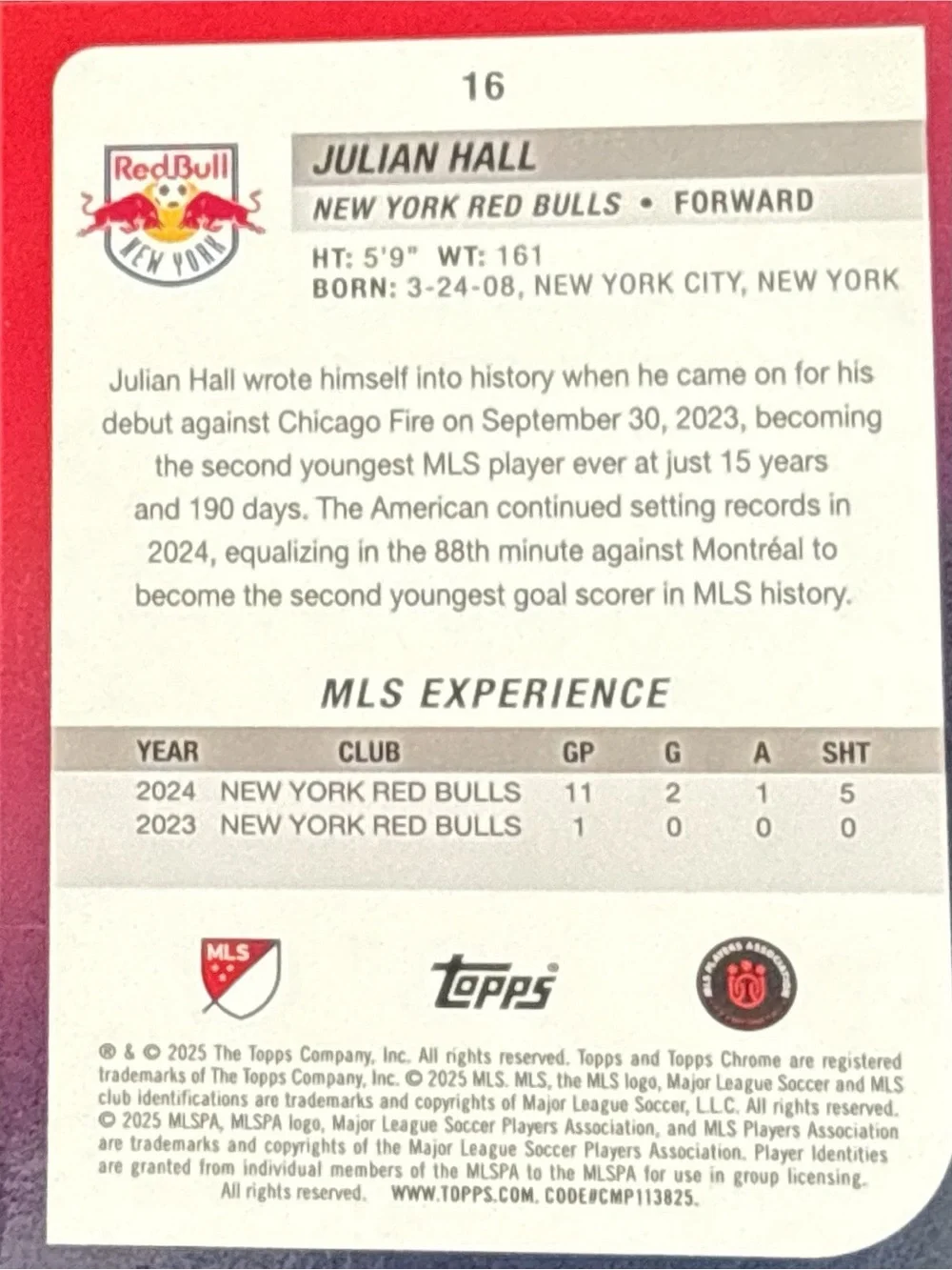 Topps Chrome  Julian Hall New York Red Bulls Trading Card